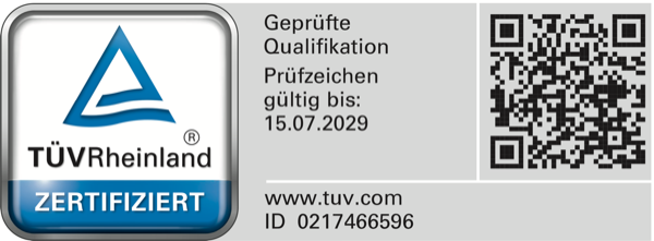 TÜV Rheinland zertifiziert — geprüfte Qualifikation, Prüfzeichen gültig bis 15.07.2029, ID 0217466596