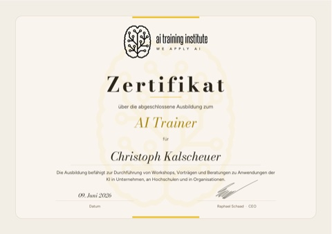 Zertifikat: Ausbildung zum AI Trainer für Christoph Kalscheuer